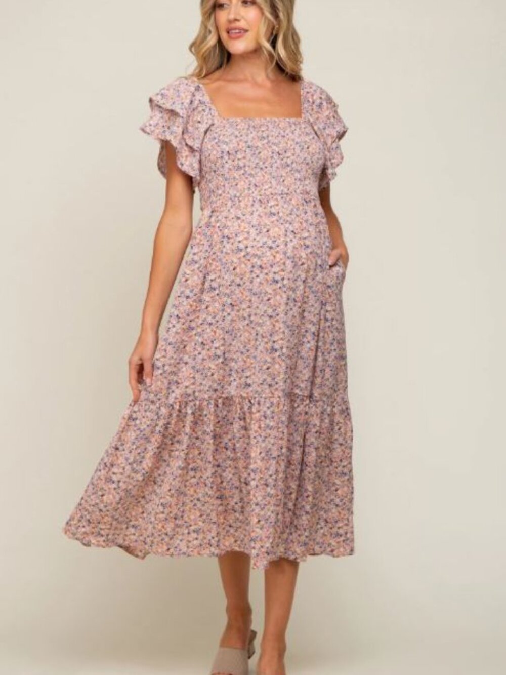 PINKBLUSH Maternity Light Pink Floral Flutter Midi Dress Size Small Pockets